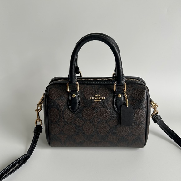 Coach Handbags - Coach Rowan Satchel Brown Black Signature Canvas Leather Bag Excellent